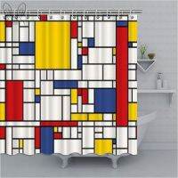 Mondrian สีเหลืองเรขาคณิตกันน้ำม่านอาบน้ำ 3D สีโพลีเอสเตอร์ผ้าม่านอาบน้ำชุดตกแต่งบ้าน 180 * 180 ซม