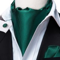 ▤ Green Solid Silk Ascot Cravat Tie Scrunch Self British style Gentleman Dress Scarves Ties Wedding Party Ascot Hanky Set Hi-Tie