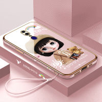 (คลังสินค้าพร้อม) เคสเคสมือถือสำหรับ F11 OPPO พร้อมฟรีสายคล้อง + การ์ตูนสาวน่ารักขอบสี่เหลี่ยมชุบเคลือบฝาหลังนิ่ม