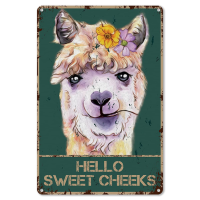 Celestaineor ป้ายโลหะดีบุกวินเทจสำหรับห้องน้ำห้องน้ำห้องน้ำ-Hello Sweet Cheeks Alpaca With Flowers Bathroom Quote Wall Decor