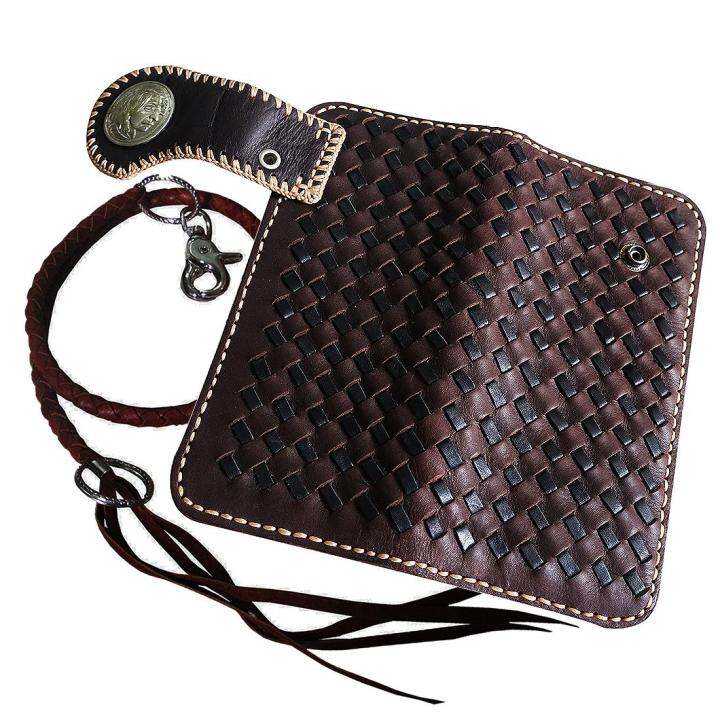 you-link-หนังวัวแท้-ลายสาน-ดูเป็นของย้อนยุค-สวยมาก-เทห์มาก-beautiful-vintage-long-bifold-wallet-celtic-in-brown-and-black-สีน้ำตาลดำ