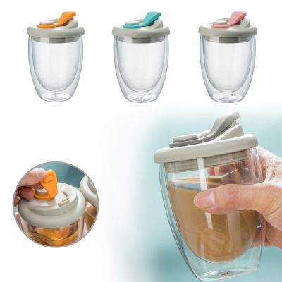 【CW】℗❃❀  Cup Wall Glass With Leak-Proof LidTransparent Insulated Cups Juice Mug Dinkware