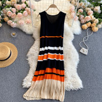 2021 Summer New Loose Ice silk Sleeveless Thin Vest Dress Women Temperament Straight Striped Knitted Holiday Dress