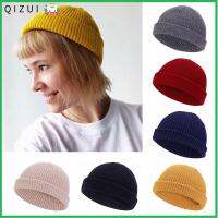 QIZUI สีทึบ หมวกบีนนี่สไตล์น้ำเงิน หมวกเมลอนแต่งริบ Skullcap หมวกถักนิตติ้ง unisex หมวกกะลาสี หมวกบีนนี่