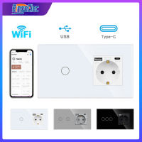 สวิตช์อัจฉริยะ WiFi และสวิตช์ไฟกระจกซ็อกเก็ตผนังพร้อมซ็อกเก็ต USB Type-C WiFi Interruptor Smart Life Google Alexa Control-Lusjeh