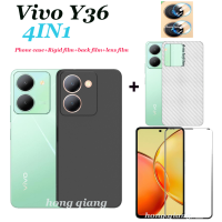 (4ใน1) สำหรับ Vivo Y36เคสโทรศัพท์ผิวเกล็ดน้ำแข็งสีดำ + กระจกนิรภัยแบบเต็มจอภาพ + ฟิล์มเลนส์ + ฟิล์มด้านหลัง Vivo Y35 Y21 Y33S Y15A Y02T Y15S