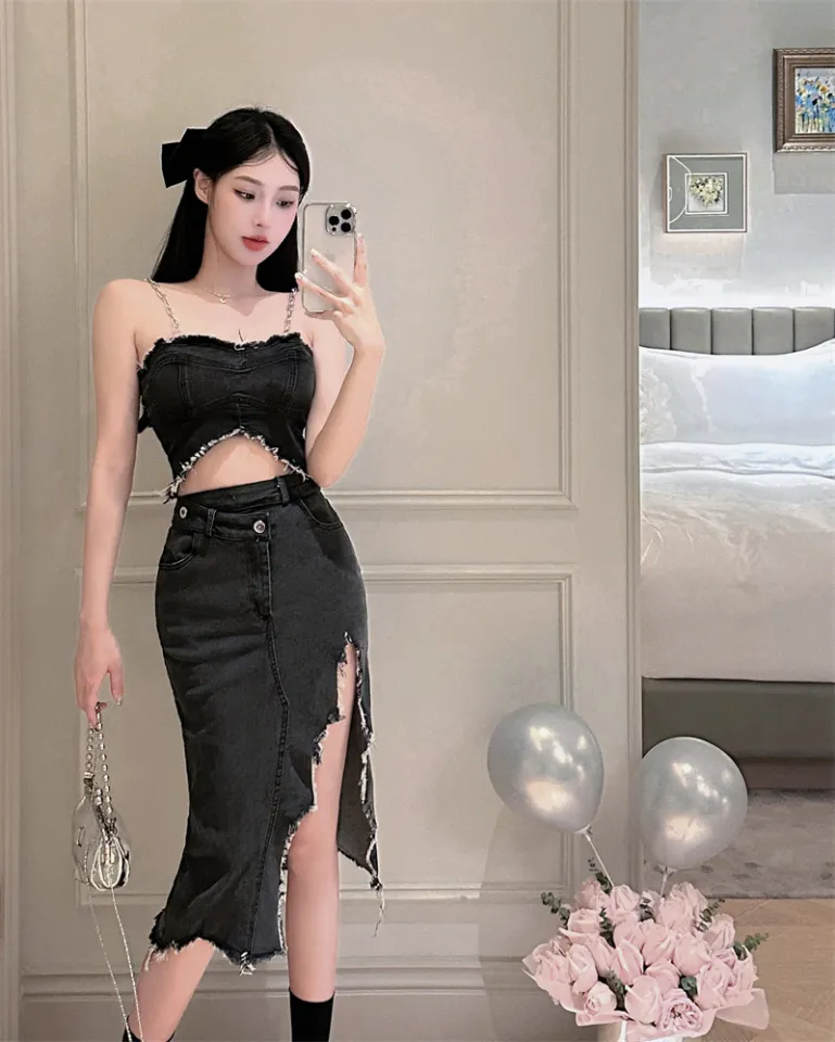 SEZO Korean Chain Suspender Vest+Split Skirt Denim Two-piece Set