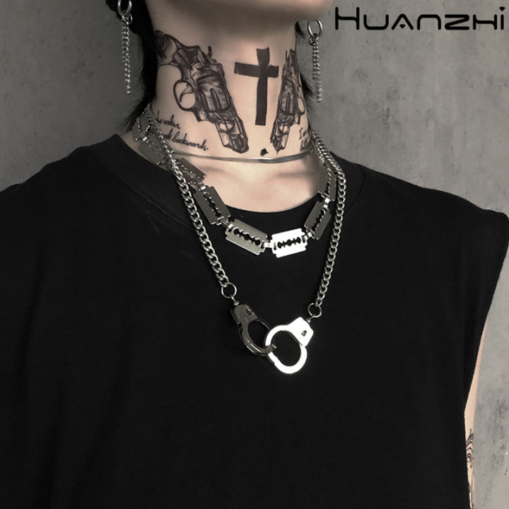huanzhi-กุญแจมือแนวพังก์มีหนามจี้สร้อยคอคู่สีเงินฮิปฮอปสำหรับผู้หญิงผู้ชายเครื่องประดับคู่รัก