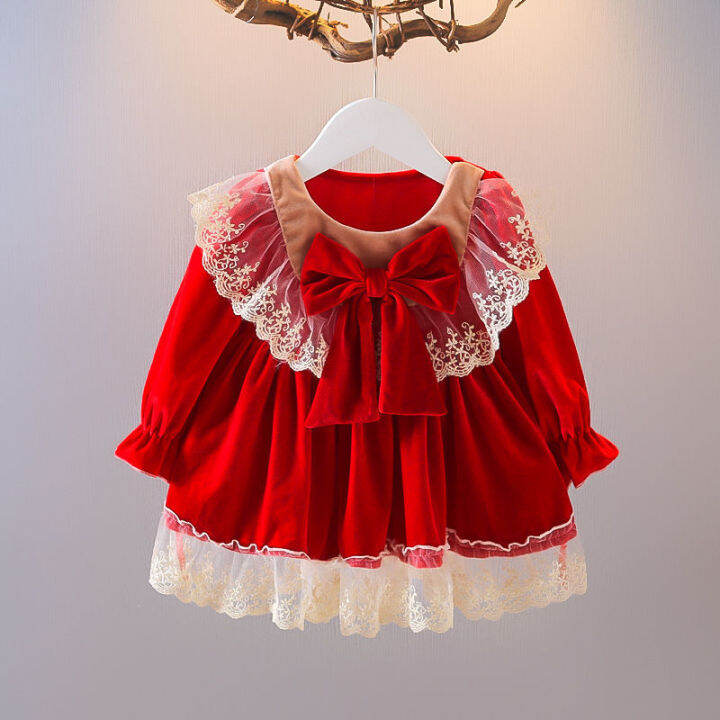 Girls' Dress 2022 Autumn New Year's Birthday Red New Year Dress Little