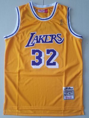 Ready Stock Hot Mens No 32 Magic Johnson Los Angeles Lakerss Mitchell Ness 1984-85 Hardwood Classics Swingman Jersey -Yellow