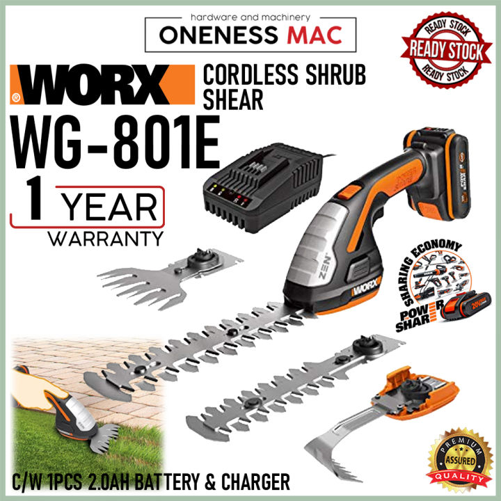 WORX CORDLESS SHRUB SHEAR C W 1X 2.0AH BATTERY CHARGER WG 801E