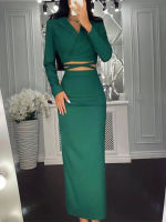 Women Casual Dress Suits Long Sleeve Crop Top And Straight Maxi Skirt Two Piece Set Female Fashion Lace Up Shirt And Skirt Suit