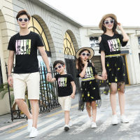 Family Matching Outfits Summer Dad Son Cotton Black T-shirt Mother Daughter Dresses Lover Couple Clothing