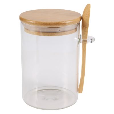Glass Food Airtight Canister Castor Wooden Twist Lid Kitchen Candy Storage Tank Jar Bamboo Food Container with Wooden Spoon