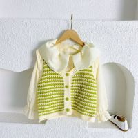 [COD] 2023 New Childrens Fragrance Contrasting Color Striped Knitted Collar Shirt Two-piece Set