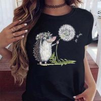 Cute T-Shirt Hedgehog Dandelion Print Tshirt Summer Casual Short Sleeves Tee Tops Kawaii Tshirt Streetwear