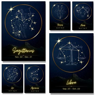 New Modern Nordic Wall Art: Golden Star Constellation Canvas Painting-เหมาะสำหรับการตกแต่งห้องเด็ก,เนื้อเรื่อง Leo, Libra,ราศีพิจิก,Virgo Zodiac Posters