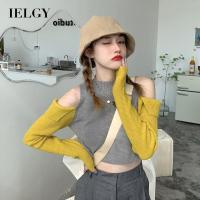 IELGY เสื้อสเวตเตอร์ถักสตรี,เสื้อกันหนาวแขนยาวเปิดไหล่ดีไซน์สั้น