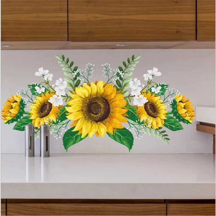 【beauty-sunshine】30x60cm Sunflower Self-Adhesive Wallpaper Wall Decal Wall Sticker For Home Living Room Refrigerator Kitchen Corner Decorations