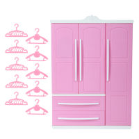 1 set Lovely Plastic Closet Wardrobe with Mirror + 10 Pink Hangers for Barbie Doll Bedroom Set Toy