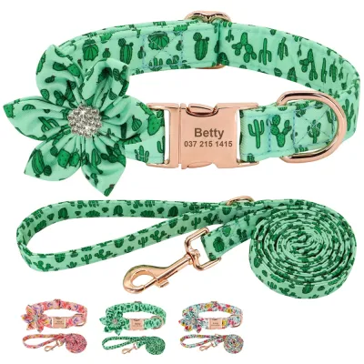 Personalized Dog Collar Leash Set Nylon Dogs ID Collars Pet Walking Belt Rhinestone Flower Accessories For Small Large Dogs