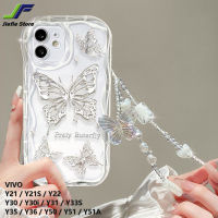 เคสลายกุหลาบผีเสื้อคริสตัลหรูหราของ JieFie สำหรับ VIVO Y21 / Y21S / Y22 / Y30 / Y30i / Y31 / Y33S / Y35 / Y36 / Y50 / Y51 / Y51A เคสนิ่มโปร่งใสขอบหยักด้วยสร้อยข้อมือ