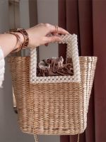 ZA Same Beach Holiday Pearl Hand-Held Straw Woven Cabbage Basket Straw Bag Beaded Handle One-Shoulder Seaside Handbag