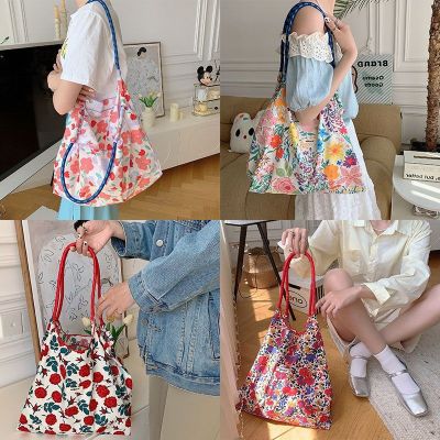 【Hot Sale】 cloth bag floral shoulder female Korean style fresh tote large capacity underarm drawstring shopping