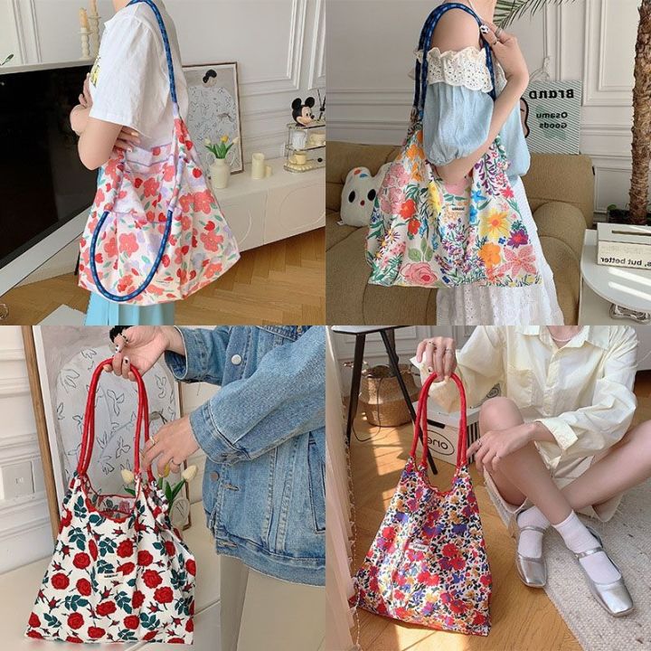hot-sale-cloth-bag-floral-shoulder-female-korean-style-fresh-tote-large-capacity-underarm-drawstring-shopping