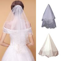 1 Tier Pearl Beaded Wedding Dress Veil Single Layer Tulle Ribbon Edge Bridal Veils Women Hair Accessories 1.5 Meters