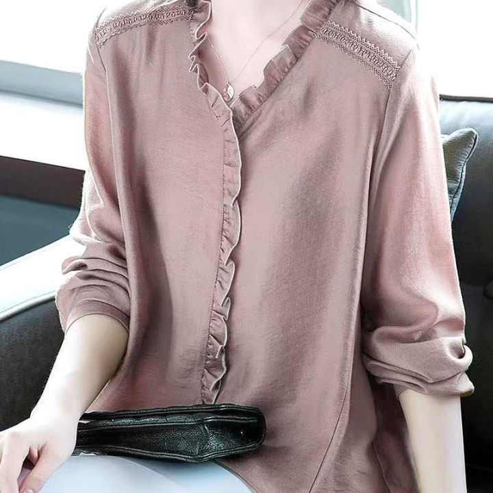 เสื้อเชิ๊ตสตรีคอวีแนวเกาหลี-เสื้อคอวีแนวเสื้อผ้าผู้หญิงขนาดใหญ่พิเศษสำหรับฤดูใบไม้ผลิและฤดูใบไม้ร่วงเสื้อสตรี
