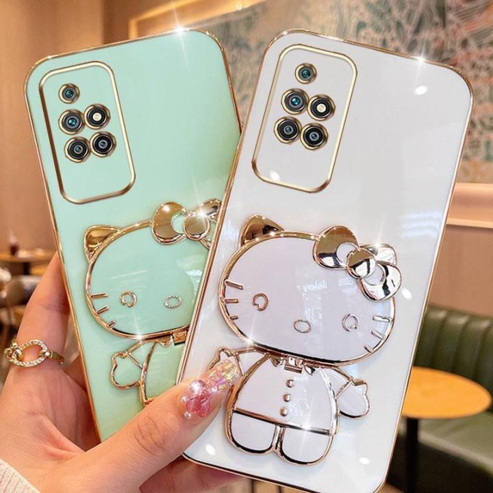 folding-makeup-mirror-phone-case-for-xiaomi-redmi-10-prime-2022-case-fashion-cartoon-cute-cat-multifunctional-bracket-plating-tpu-soft-cover-casing