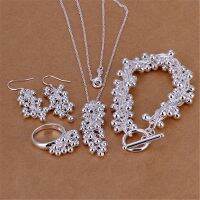 【lz】▪卐  925 Sterling Silver Jewelry Set para Mulheres Brincos Pulseira Anéis Colares Grânulos de Uva Fina Pingente Presentes de Casamento Moda