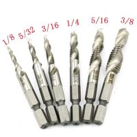 6pcs 1/8-3/8 Inch  Thread HSS Combination Drill Tap Bit Set 1/4 Inch Hex Shank Deburr Countersink Bits Handtool parts Accessories