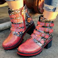 New Socofy Women Boots Retro Printed Metal Buckle Soft Leather Zipper Ankle Boots Ladies Shoes Women Botines Mujer