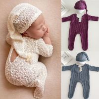 2Pcs Newborn Photography Props Suit Romper Hat Set Long Sleeve Jumpsuits Bodysuit Handmade Knit Outfit Clothing Infants Shower