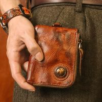 Dompet Koin หนังแท้100% วินเทจสำหรับผู้ชายผู้หญิงกระเป๋าสตางค์สั้น Amekaji กระเป๋าใส่เหรียญมีซิปเคสการ์ดอเนกประสงค์