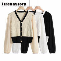 IRENASTORY เสื้อสเวตเตอร์ถักคอวีสำหรับผู้หญิงเสื้อสเวตเตอร์ผ้าชีฟองบางที่เย็บแขนยาวลำลองสไตล์เกาหลี