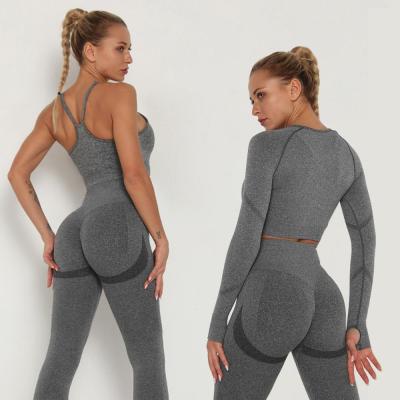 Seamless Yoga Set Women Workout Sportswear Gym Clothing Fitness Long Sleeve Crop Top High Waist Leggings+Sport Bra Sports Suits