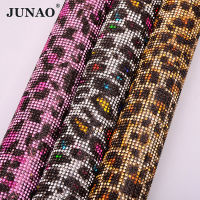 JUNAO 24*40cm Leopard Self Adhesive Glass Crystal Mesh Fabric Rhinestone Trim Ribbon Hotfix Strass Appliques For Jewelry Crafts