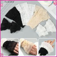 XUESHE 1Pair สากล ปกแขน เสื้อกันหนาวตกแต่ง ฝาครอบแผลเป็น แขนข้อศอก Ruffles แขนเสื้อที่ถอดออกได้ แขนเสื้อลูกไม้ แขนปลอม