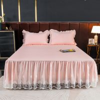 3pcs Home Bedsheet Set Mattress Protector with Pillows Case Double Linens Skirt Elastic Fitted Bedrooms Pink Bedspread Aesthetic