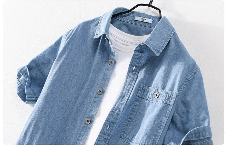 Summer Men's Casual Denim Short-sleeved Shirt Classic Japanese Simple  Business Loose Jean Tops Male Thin Slim Half-Sleeve Jacket