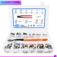 KLOMKZ 115Pcs 304สแตนเลสสตีล หูเดี่ยวหู เงินสีเงิน ขนาด10นิ้ว แคลมป์รัดท่อ พร้อมที่หนีบหู 6-28.6มม. ชุดจัดประเภทแคลมป์รัดท่อ ท่อน้ำในรถยนต์