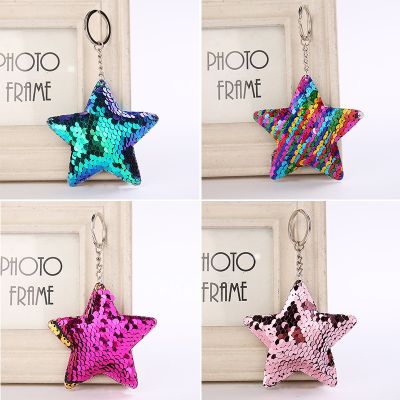 Cute Star Keychain Glitter Pom Pom Sequins Keychain Gifts for Women Car Bag Accessories Key Ring Key Chains
