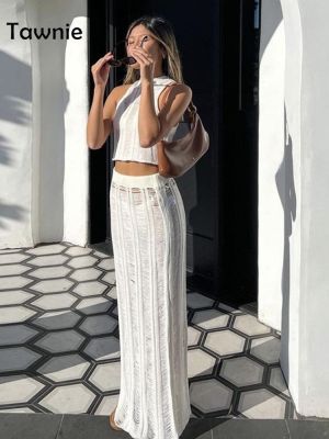 ☃☬✷ Tawnie 2023 Summer Knitted Dress Sets Women Bodycon Hollow Out Crop Tops Midi Skirt 2 Piece Set Sexy Beach Outfits Y2K Clothing