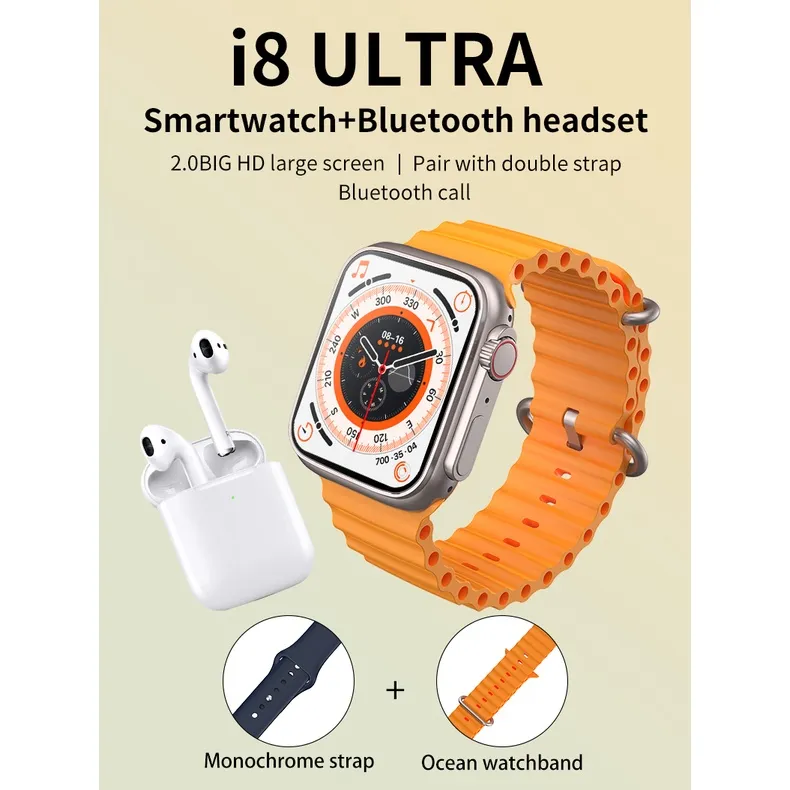 Montre intelligente Ultra 8 MAX avec Écouteurs Bluetooth TWS 2ém Génération 2 en 1 Smart Watch + AirPods, Ensemble Sportif, Écran de 2 Pouces -1