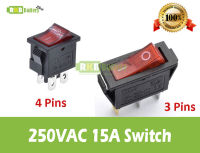 [พร้อมส่ง] สวิทช์ไฟแบบแบน AC 250V 10-15A Ultra-thin 3/4 Pins SPST ON/OFF rocker switch with red light