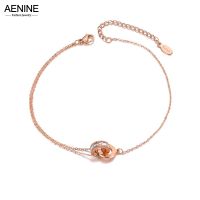 AENINE Bohemia Stainless Steel Charm Anklet Double Circle Cubic Zirconia Roman Numeral Chain Link Anklets For Women AA19023