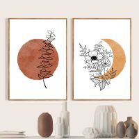 Boho บทคัดย่อภาพวาดผ้าใบ: Terracotta Sun และ Moon Wall Art โปสเตอร์ Eucalyptus,ดอกไม้พืชและ Line Art พิมพ์-เหมาะสำหรับตกแต่งห้องนอน